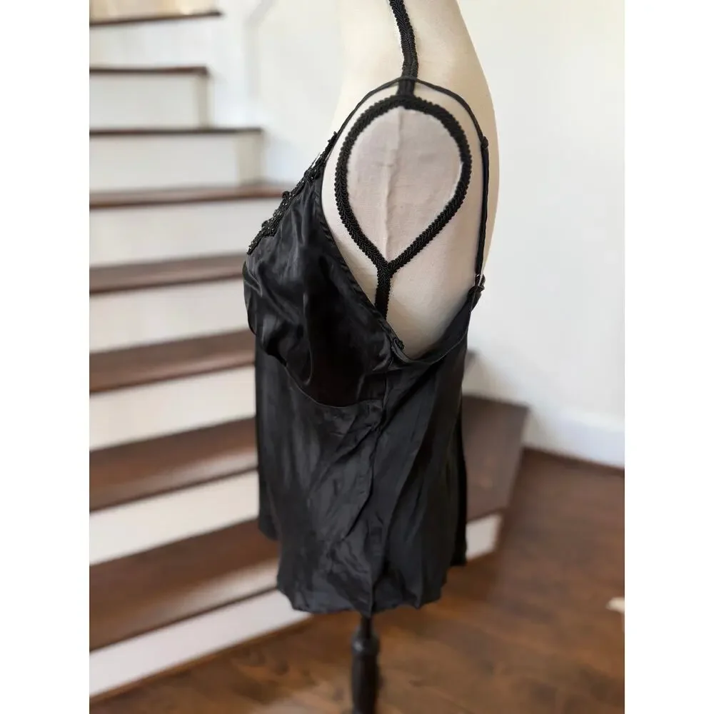 Vintage Black Silk Lace Beaded Baby Doll Tank Whimsygoth Witchy Fairy Grunge